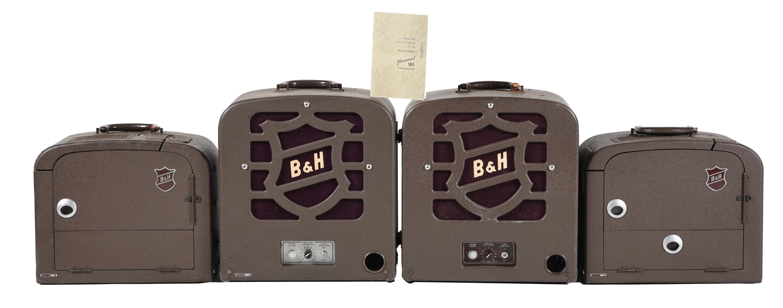 LOT OF 4: TWO PAIR OF BELL AND HOWELL 185 PROJECTORS AND SPEAKERS.