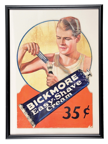 CARDBOARD ADVERTISING FOR BICKMORE EASY SHAVE CREAM.