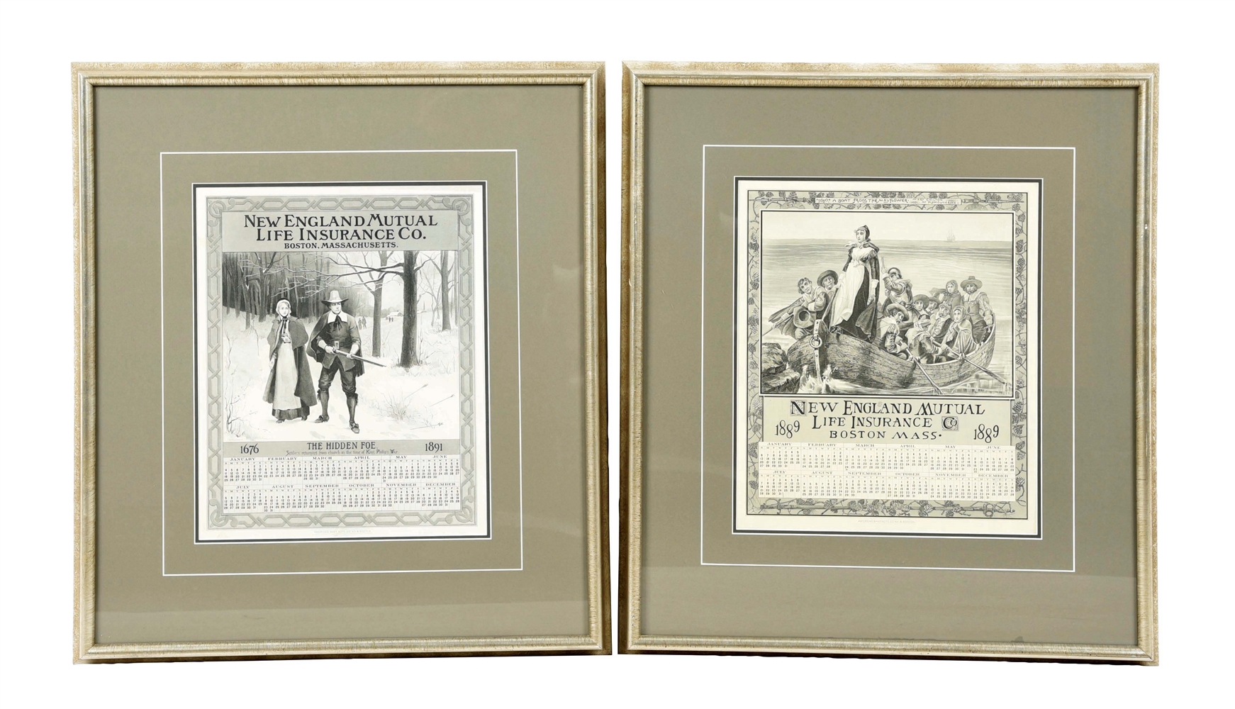 LOT OF 2: 1889 & 1891 NEW ENGLAND LIFE INSURANCE CO. PAPER LITHOGRAPH CALENDAR ADVERTISEMENTS. 