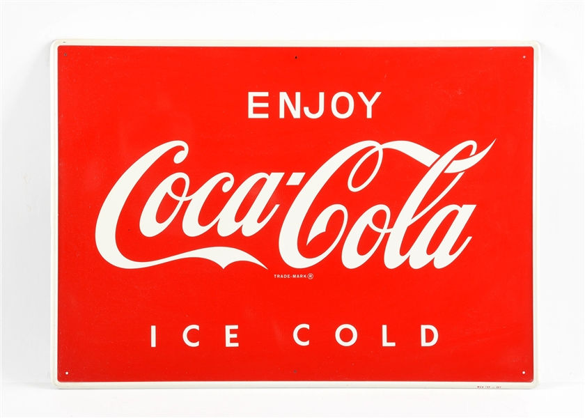 ENJOY ICE COLD COCA COLA TIN SIGN W/ SELF FRAMED OUTER EDGE. 
