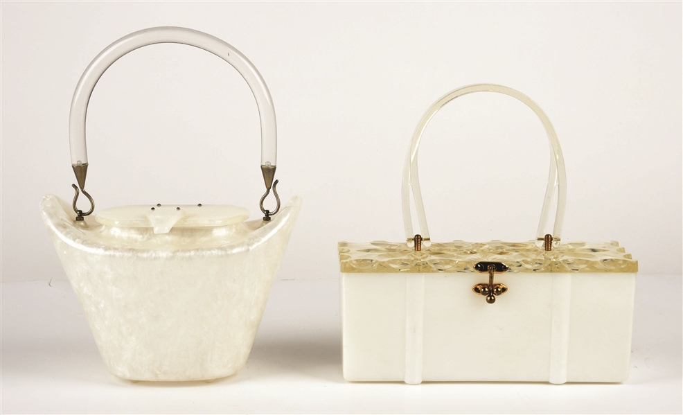 LOT OF 2: WHITE PEARL LUCITE HANDBAGS.