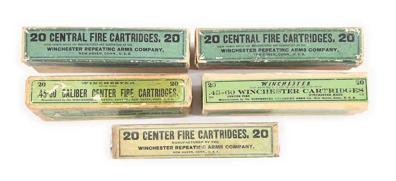 LOT OF 5: ANTIQUE BOXES OF WINCHESTER .40-60 AND .45-60 AMMUNITION.