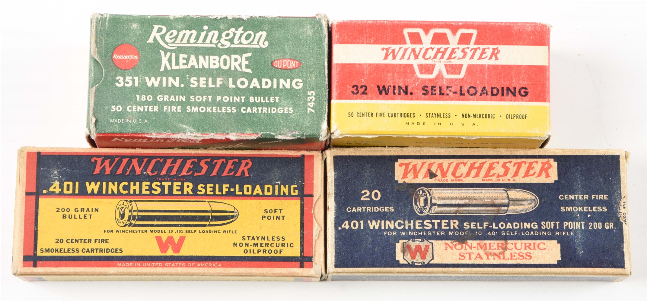 LOT OF 4: VINTAGE BOXES OF WINCHESTER SELF LOADING RIFLE AMMUNITION.