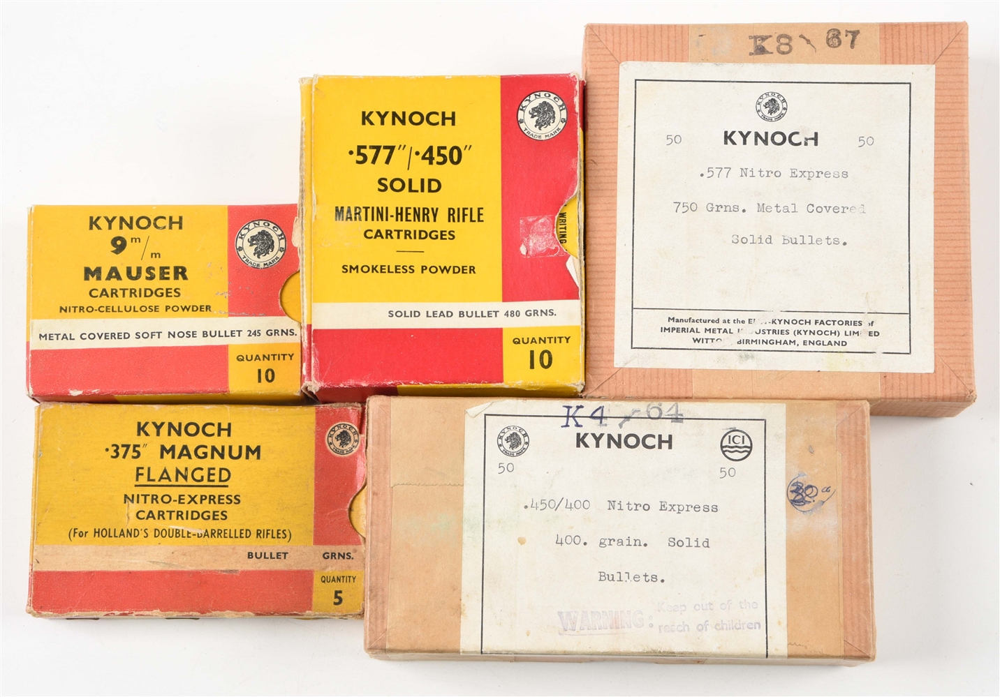 LOT OF 5: BOXES OF KYNOCH AMMUNITION AND PROJECTILES.