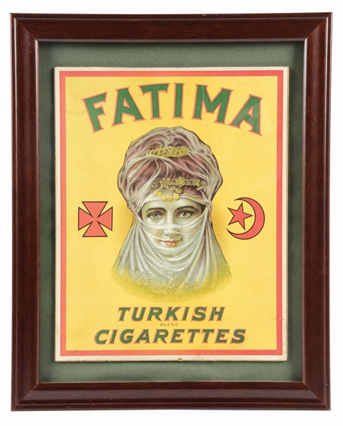 FRAMED CARDBOARD SIGN ADVERTISING FATIMA TURKISH CIGARETTES.