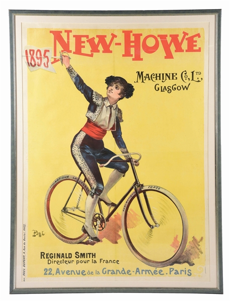 A WONDERFUL FRAMED POSTER DATED 1895 FOR NEW-HOWE BICYCLES.