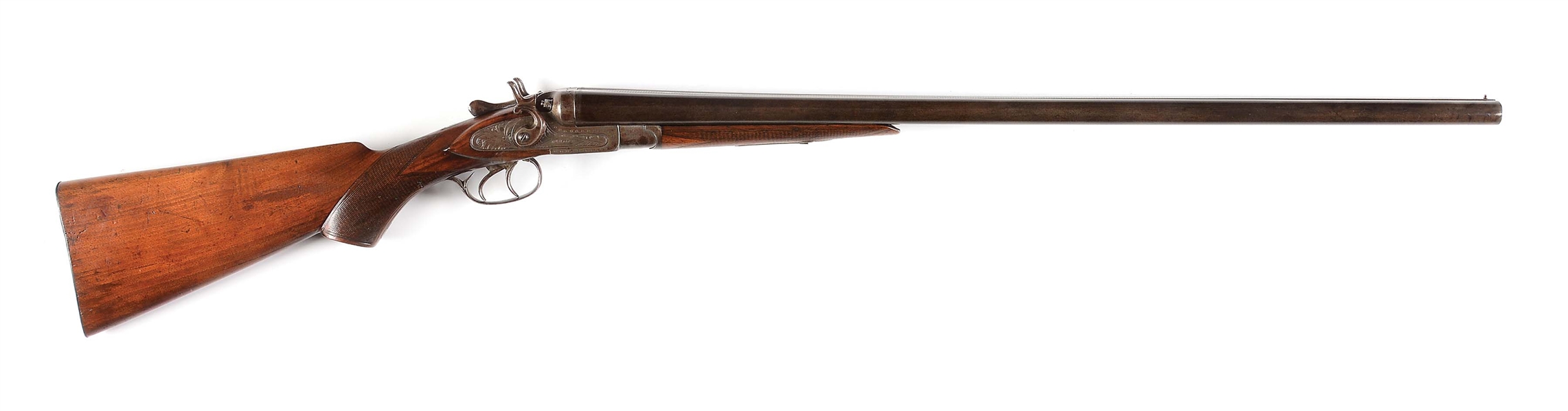 (A) WILLIAM MOORE SIDE BY SIDE HAMMER FIRED SHOTGUN.