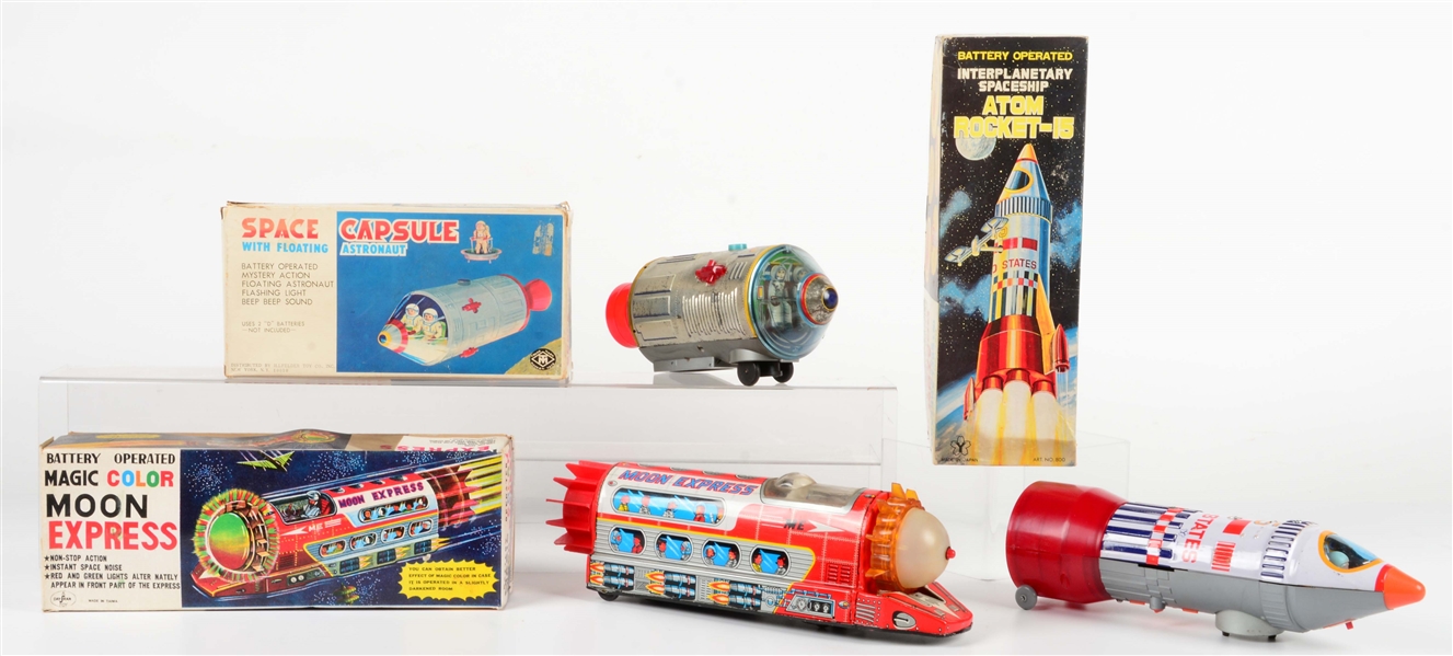 LOT OF 3: JAPANESE AND MADE IN TAIWAN TIN LITHO AND PLASTIC SPACE VEHICLES.