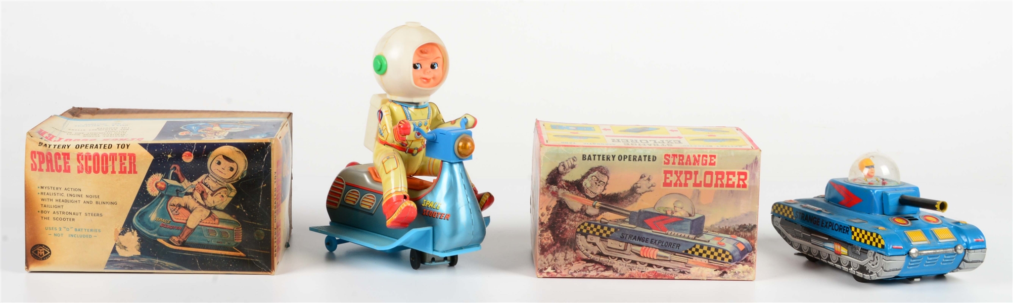 LOT OF 2: JAPANESE BATTERY OPERATED TIN LITHO AND PLASTIC SPACE TOYS.