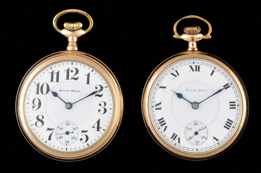 LOT OF 2: SOUTH BEND GOLD FILLED O/F POCKET WATCHES, 219 & 229.