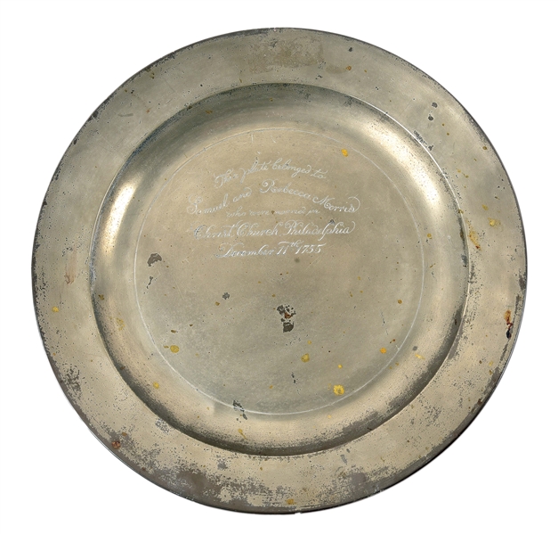18TH CENTURY PEWTER CHARGER ENGRAVED TO SAMUEL MORRIS.