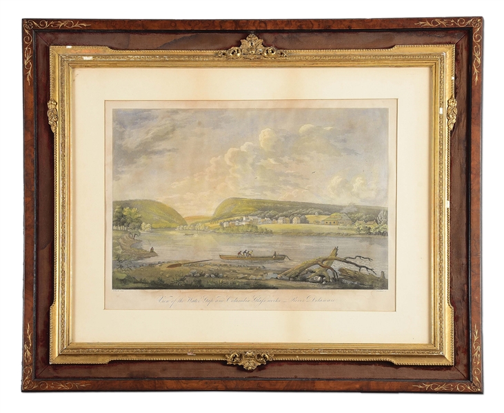1820 PRINT OF THE VIEW OF THE WATER GAP AND COLUMBIA GLASS WORKS RIVER DELAWARE.
