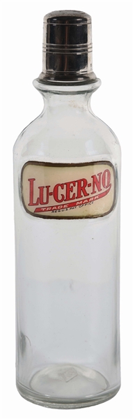 RARE LABEL UNDER GLASS SODA FOUNTAIN SYRUP BOTTLE MARKED LU-CER-NO.