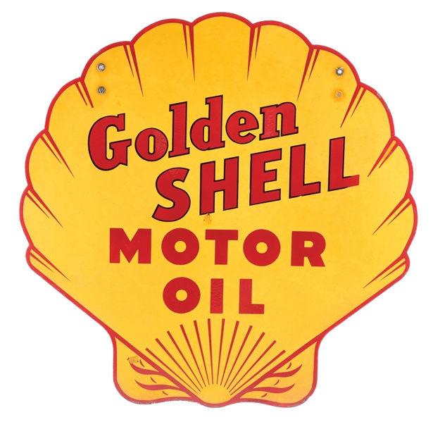 GOLDEN SHELL MOTOR OIL PORCELAIN SERVICE STATION SIGN.