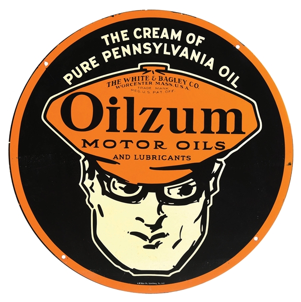 OILZUM MOTOR OILS & LUBRICANTS TIN SERVICE STATION SIGN W/ OSWALD GRAPHIC. 
