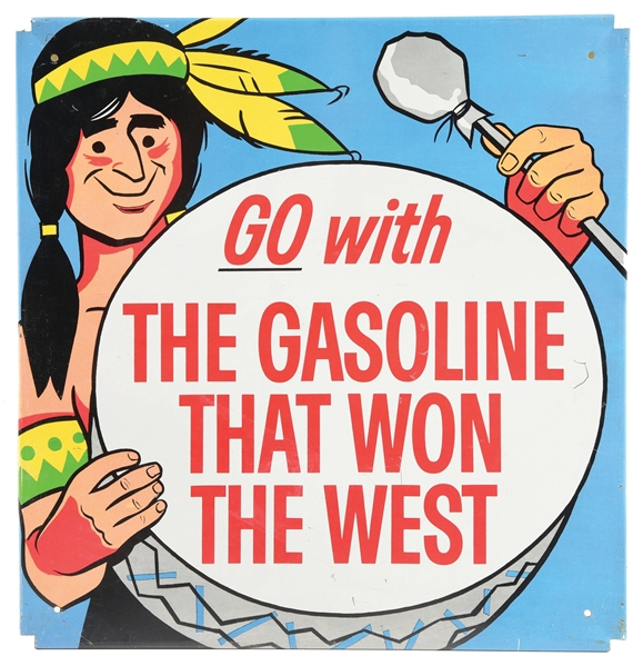 PHILLIPS 66 "GO WITH THE GASOLINE THE WON THE WEST" TIN SERVICE STATION SIGN. 
