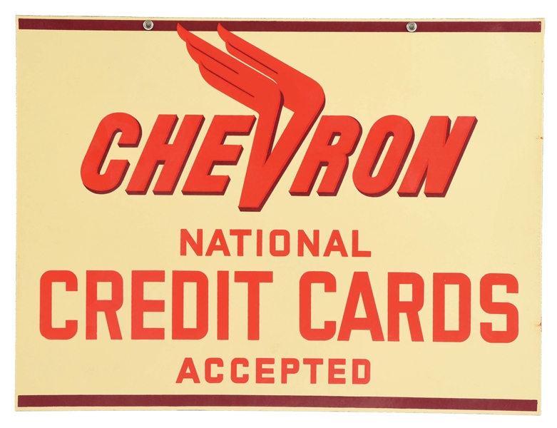 OUTSTANDING CHEVRON NATIONAL CREDIT CARDS ACCEPTED PORCELAIN SERVICE STATION SIGN.