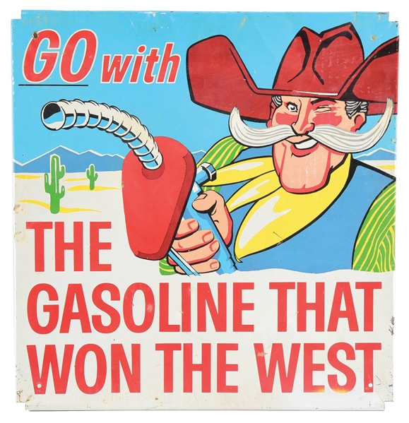 PHILLIPS 66 "GO WITH THE GASOLINE THAT WON THE WEST" TIN SIGN W/ ROLLED EDGE.