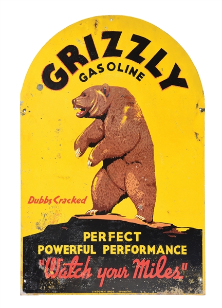 RARE GRIZZLY GASOLINE TIN TOMBSTONE SERVICE STATION SIGN W/ BEAR GRAPHIC. 