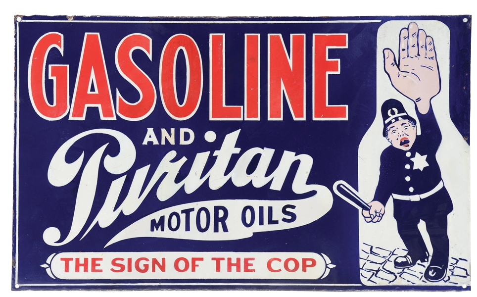 RARE PURITAN GASOLINE & MOTOR OILS PORCELAIN SIGN W/ POLICE OFFICER GRAPHIC. 