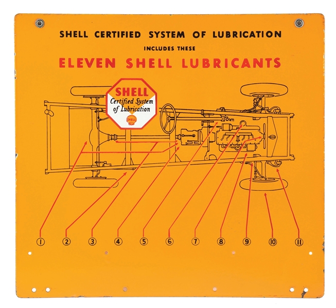 RARE SHELL CERTIFIED SYSTEM OF LUBRICANTS PORCELAIN SIGN W/ CAR GRAPHIC.