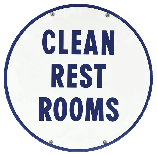 CLEAN REST ROOMS PORCELAIN SERVICE STATION SIGN. 