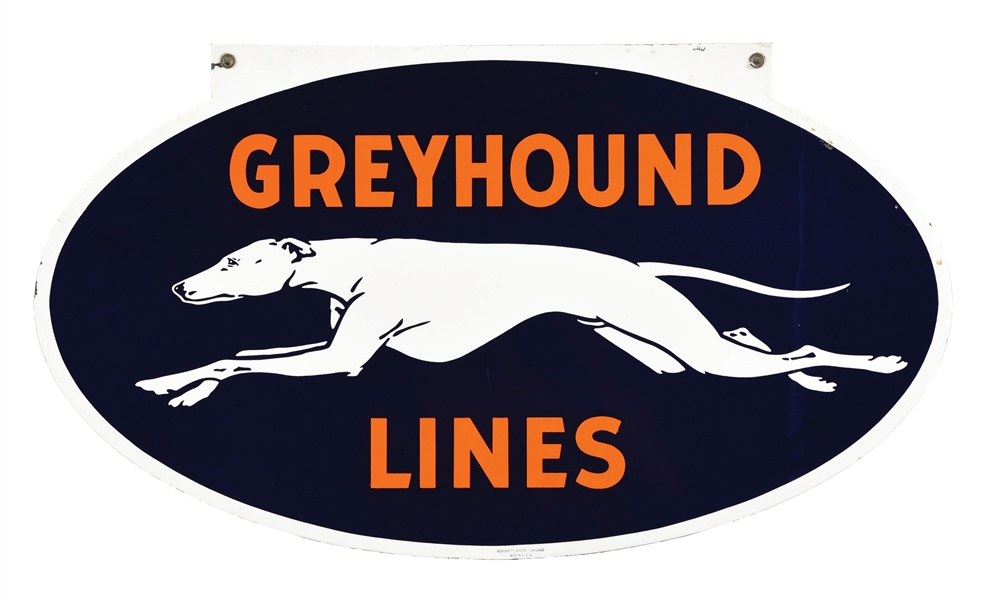 GREYHOUND LINES PORCELAIN SIGN W/ DOG GRAPHIC. 