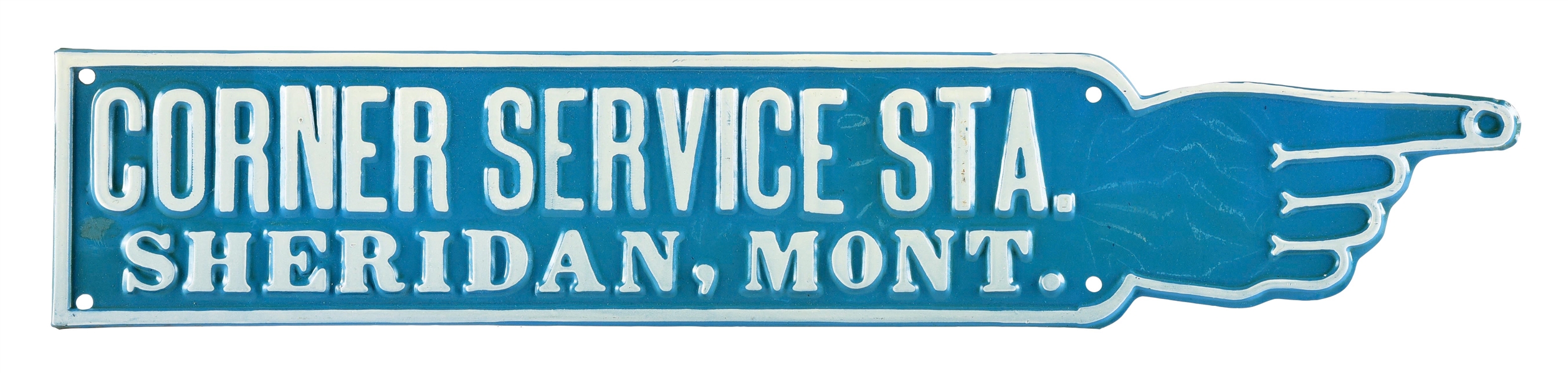 CORNER SERVICE STATION SHERIDAN MONTANA EMBOSSED TIN FINGER POINTER SIGN. 