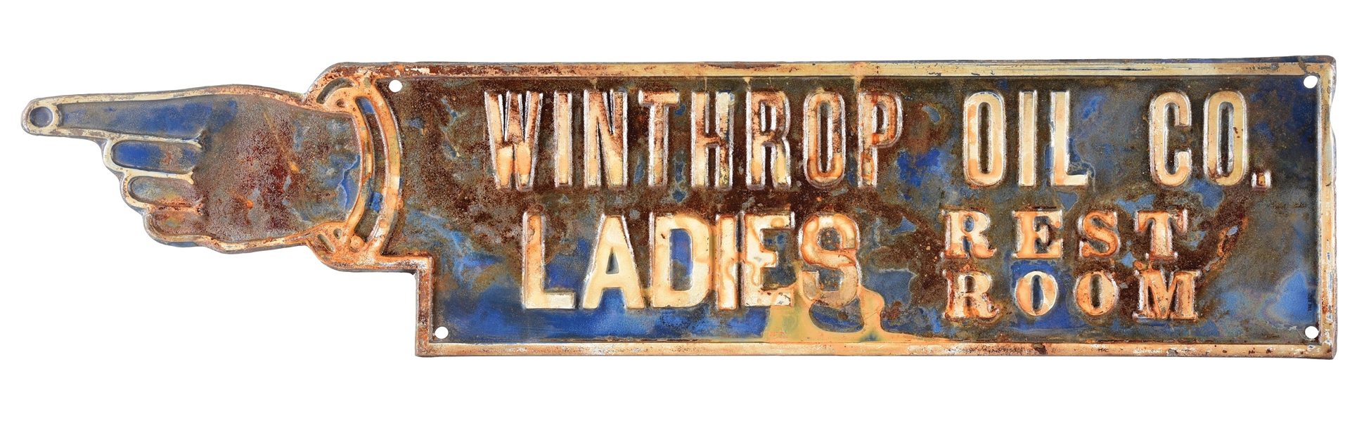 WINTHROP OIL CO. "LADIES REST ROOM" EMBOSSED TIN FINGER POINTER SIGN.