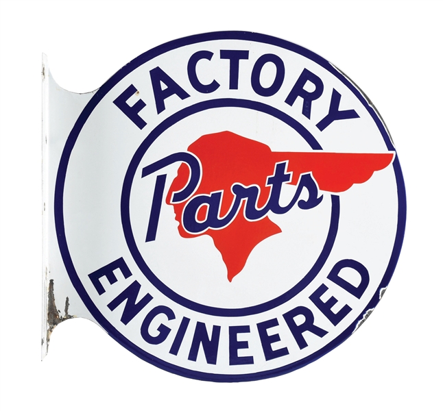 PONTIAC FACTORY ENGINEERED PARTS PORCELAIN FLANGE SIGN W/ NATIVE AMERICAN GRAPHIC. 