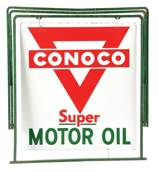 OUTSTANDING CONOCO SUPER MOTOR OIL PORCELAIN SIGN N.O.S. W/ HANGING BRACKET & ORIGINAL BOX. 