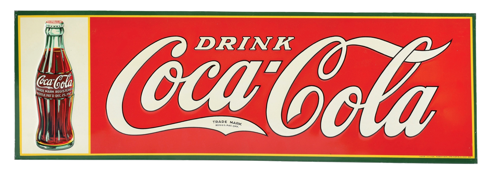 OUTSTANDING DRINK COCA COLA EMBOSSED TIN SIGN W/ CHRISTMAS BOTTLE GRAPHIC. 