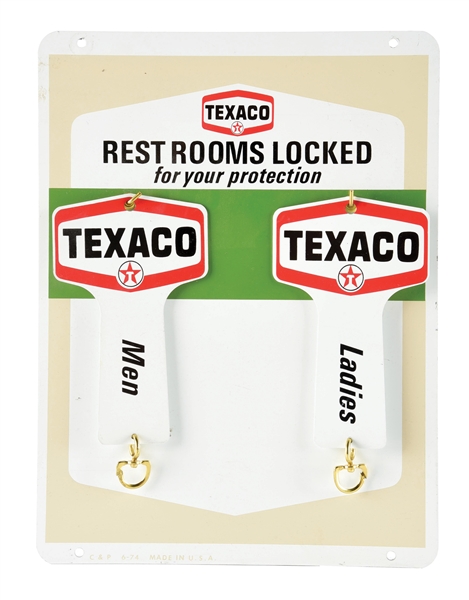 TEXACO REST ROOMS "LOCKED FOR YOUR PROTECTION" TIN SERVICE STATION SIGN. 