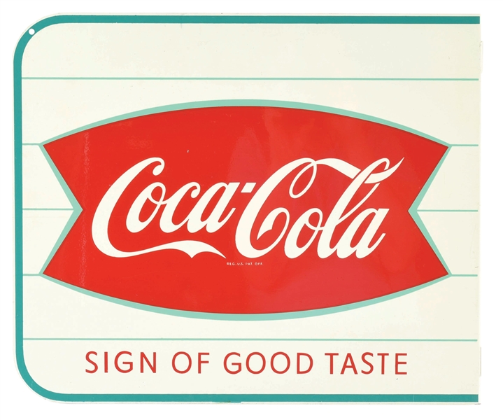 COCA-COLA "SIGN OF GOOD TASTE" N.O.S. TIN FLANGE SIGN W/ FISHTAIL GRAPHIC. 