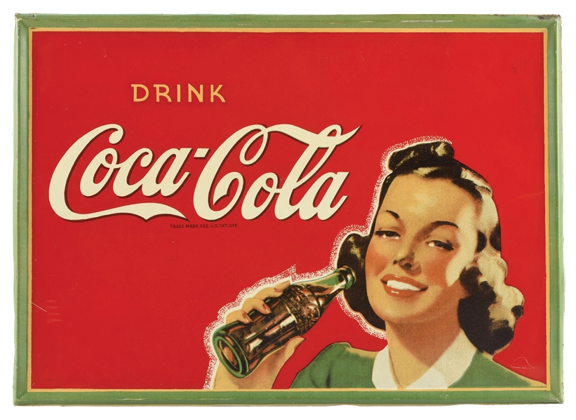 DRINK COCA-COLA TIN SIGN W/ SELF FRAMED OUTER EDGE. 