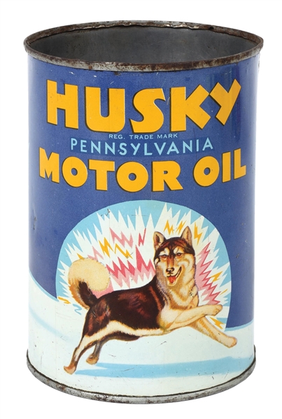 HUSKY PENNSYLVANIA MOTOR OIL ONE QUART CAN W/ HUSKY DOG GRAPHIC. 