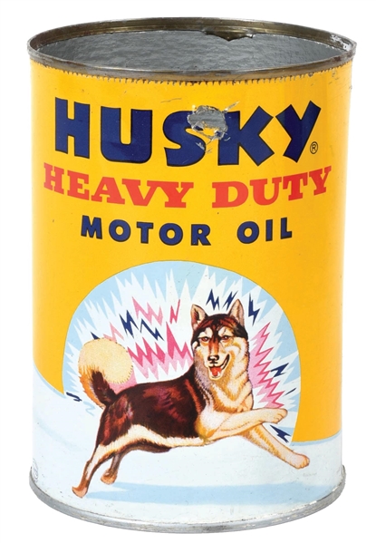 HUSKY HEAVY DUTY MOTOR OIL ONE QUART CAN W/ HUSKY DOG GRAPHIC. 