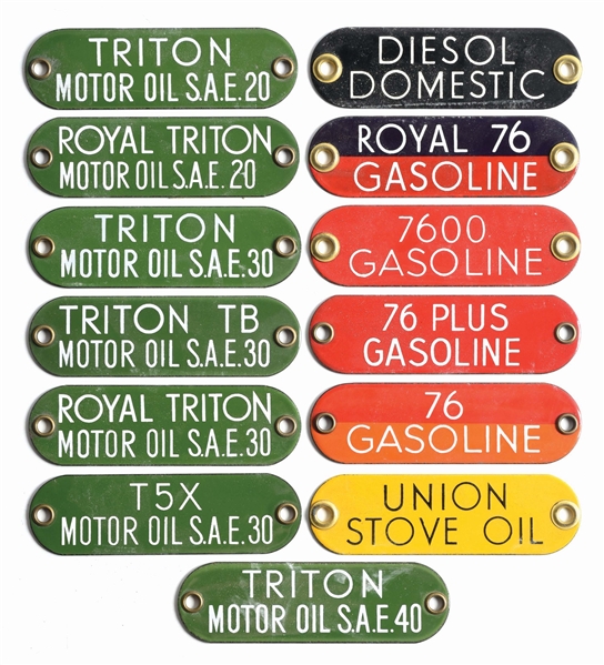 COLLECTION OF 13: UNION OIL COMPANY PORCELAIN SERVICE STATION TAGS. 