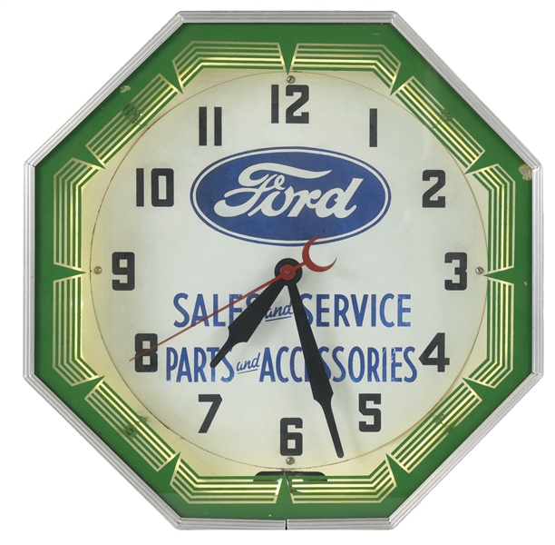 FORD SALES & SERVICE NEON ADVERTISING CLOCK. 