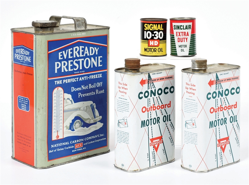 COLLECTION OF 5: MOTOR OIL, ANTIFREEZE, & COIN BANK CANS FROM SIGNAL, SINCLAIR & CONOCO. 