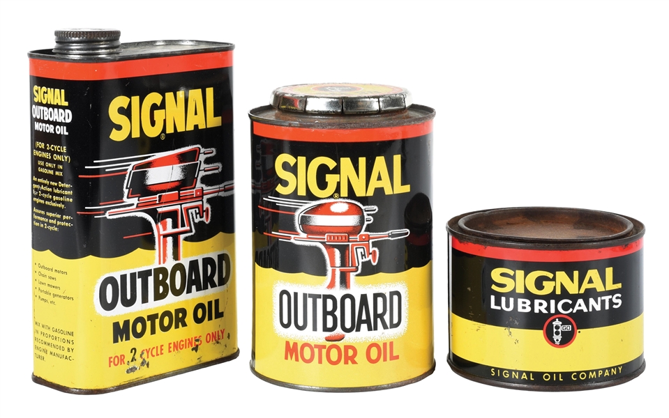 COLLECTION OF THREE: SIGNAL OUTBOARD MOTOR OIL & GREASE CANS. 