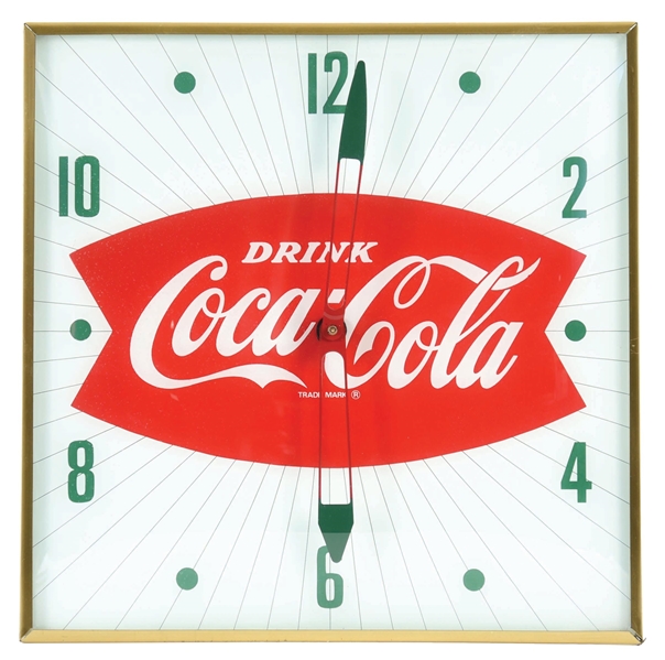 DRINK COCA-COLA LIGHT UP PAM CLOCK W/ FISHTAIL GRAPHIC. 
