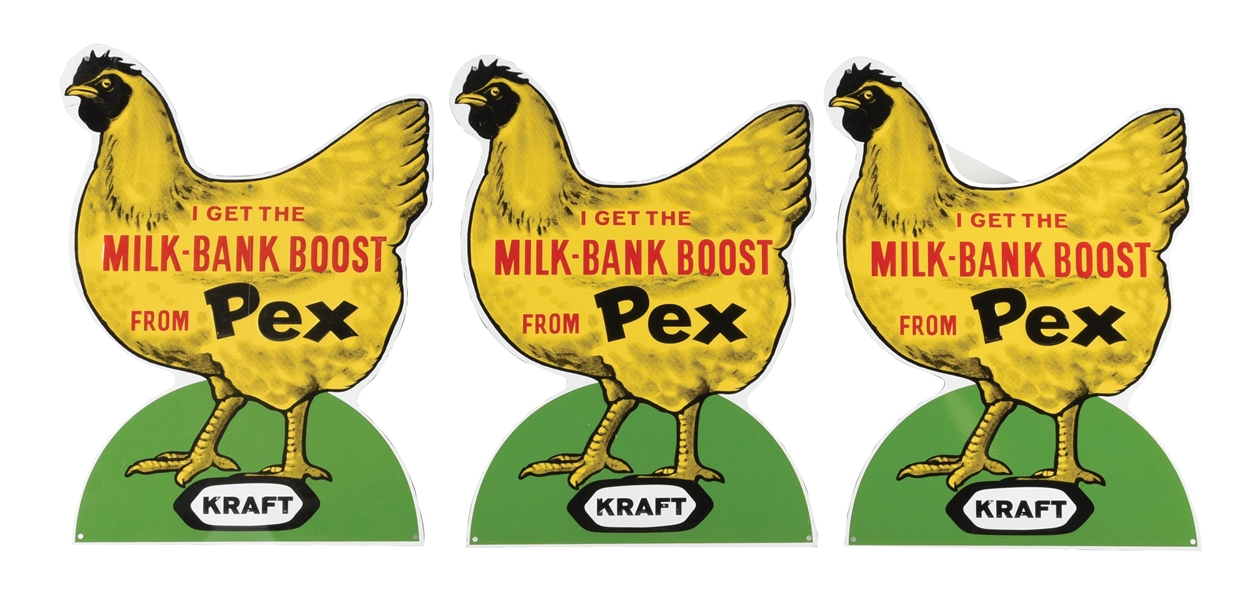 NEW OLD STOCK BOX OF 25 EMBOSSED TIN KRAFT "PEX" CHICKEN FEED SIGNS. 