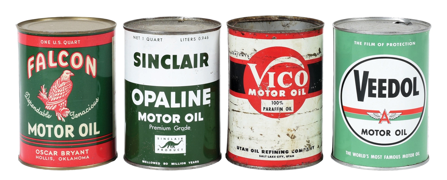 COLLECTION OF 4: ONE QUART MOTOR OIL CANS FROM VICO, SINCLAIR, VEEDOL & FALCON. 