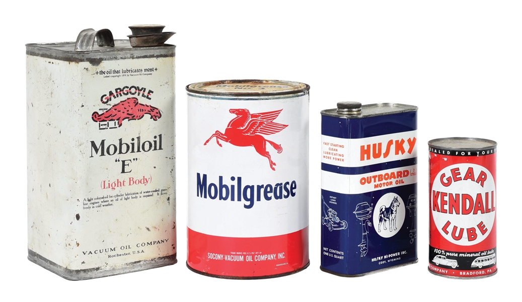 COLLECTION OF FOUR MOTOR OIL & GREASE CANS FROM HUSKY, MOBIL & KENDALL. 
