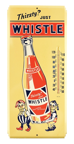 THIRSTY? JUST WHISTLE TIN THERMOMETER W/ ELF GRAPHICS. 