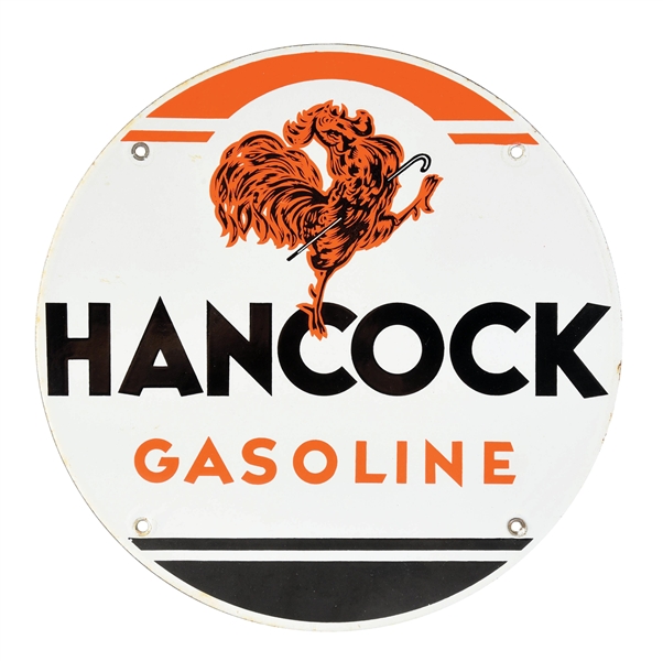 OUTSTANDING HANCOCK GASOLINE PORCELAIN PUMP PLATE W/ STRUTTING ROOSTER GRAPHIC. 