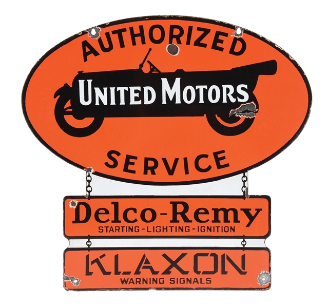 RARE UNITED MOTORS SERVICE "TWO CHAIN" PORCELAIN SIGN W/ CAR GRAPHIC. 