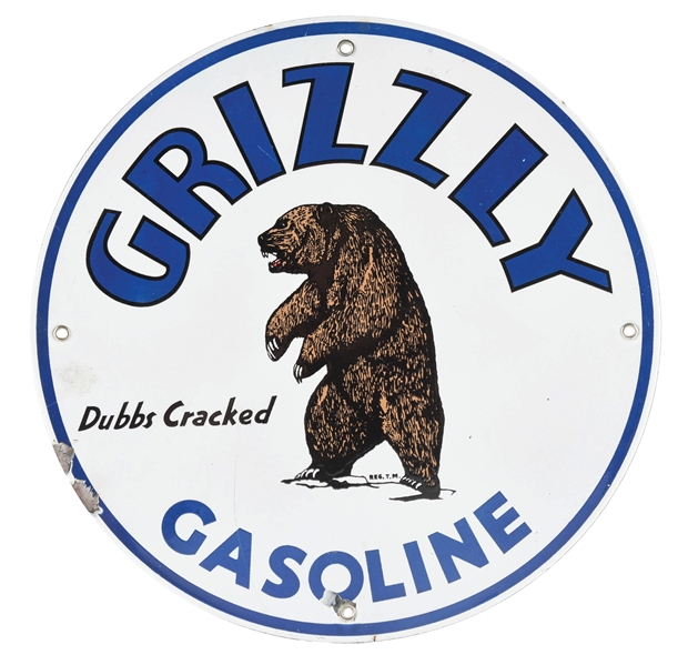 OUTSTANDING GRIZZLY "DUBBS CRACKED" GASOLINE PORCELAIN PUMP PLATE SIGN W/ BEAR GRAPHIC. 