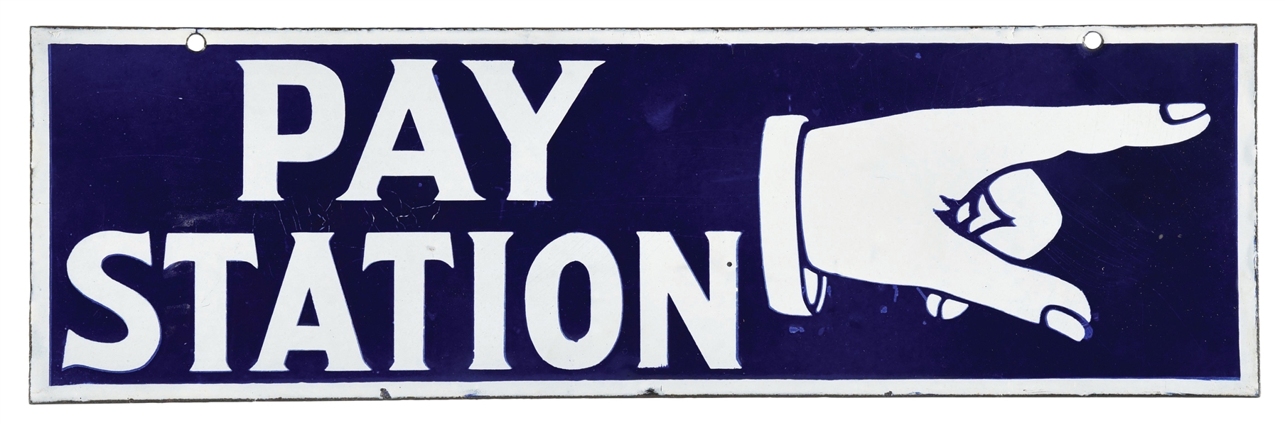 PAY STATION PORCELAIN SIGN W/ POINTING FINGER GRAPHIC. 